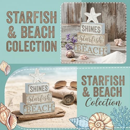 Britimes Coastal Nautical Tiered Tray Decor Set, 4 Pack, Wooden Table Sign