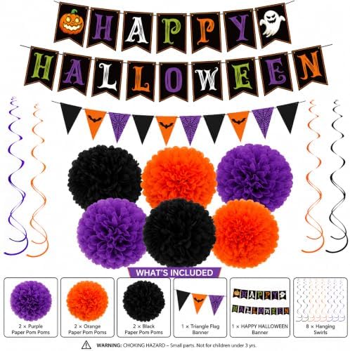 Halloween Decorations - HAPPY HALLOWEEN Banner with Hanging Swirls Pompoms