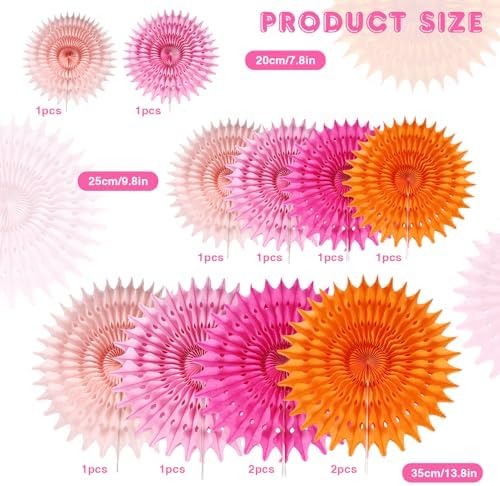 12PCS Paper Fans Orange and Hot Pink Party Decorations Tissue Paper Flowers Decorations for Girl Groovy Birthday Baby Shower Wedding Bachelorette Room Wall Hanging Décor
