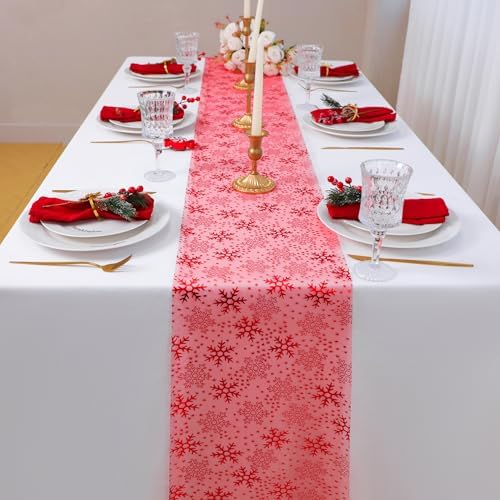 Snowkingdom 2 Pcs Christmas Red Snowflake Table Runner 108 Inch Sparkly Red Foil Glitter Metallic Mesh Runners Dining Kitchen Table Decorations for Seasonal Winter Xmas Festival Holiday Home Party