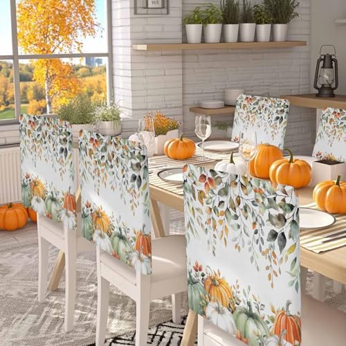 Fall Chair Covers Set of 8 Sage Green Pumpkin Chair Slipcover Protector Removable Stretch Chair Covers Autumn Eucalyptus Leaves Thanksgiving Chair Back Covers for Dining Chairs Kitchen Holiday Party