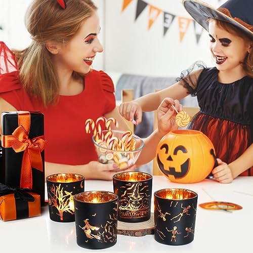 SHMILMH Halloween Glass Candle Holders Set of 4, Votive Tealight Holder Candle Jar for Making Candle, Halloween Office Kitchen Mantel Table Centerpiece Decoration