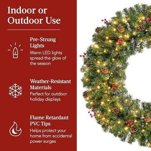 Best Choice Products 60in Pre-Lit Christmas Wreath w/Berries & Pinecones, Large Artificial Indoor/Outdoor Decor for Door, Mantel w/Red Bow, Plug-in