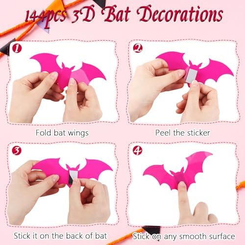 CCINEE 144pcs Pastel Halloween Bats Wall Decorations,PVC Waterproof Pink Black 3D Bat Stickers for Home Indoor Room Outdoor Summer Halloween Party Scene Decals Decoration