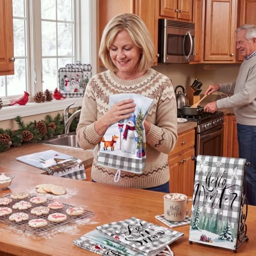 Bencailor 6 Pcs Christmas Kitchen Towel, Grey Plaid, Pine Forest