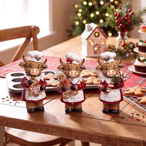 3 Pcs Christmas Highland Cow Figurine, Gingerbread Cookies Decor