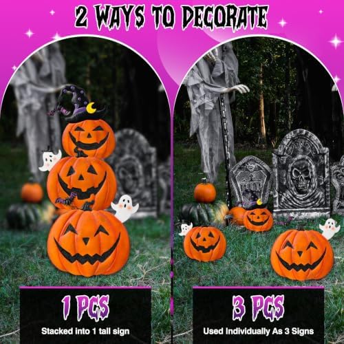 39.8" Halloween Garden Stakes, Stacked Metal Pumpkins Jack-o-Lantern Lawn Decor with Witch Hat, Shimmering Metal Yard Signs Stake Outdoor Decorative Pumpkin for Home Lawn Pathway Decor