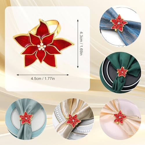 Christmas Napkin Rings Set of 8,Poinsettia Napkin Rings Red Flower Christmas Holders Metal Napkin Buckle for Thanksgiving Wedding Party Birthday Table Decoration Dinning