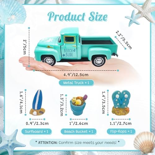 Beach Decor Metal Truck with Mini Fake Beach Buckets Surfboards Flip Flops