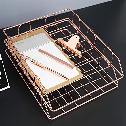 Rose 4-Tier Stackable Paper Tray Desk Organizer | Workspace Decorative Stacking Rack Supplies Holder, Metal Letter