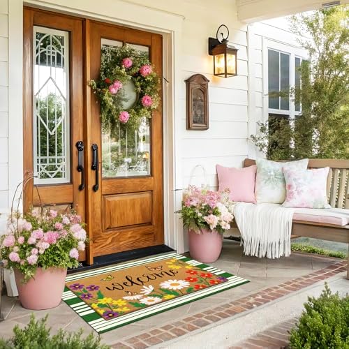 Tinideya 2 Pcs Spring Floral Layered Doormat Set for Seasonal Porch Decor