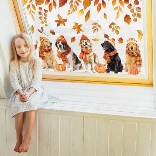 JarThenaAMCS 2 Sheet Fall Dog Window Clings, Resuable Window Decal