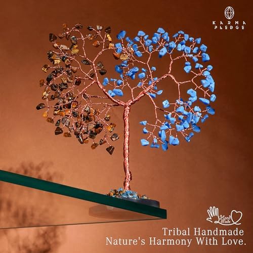 Handmade Healing Crystal Tree of Life Pink Tiger Eye and Turquoise Chakra Tree for Money, Good Luck, Feng Shui Home