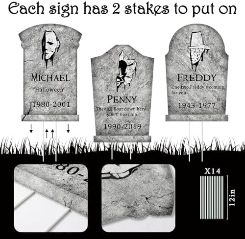 Halloween Decorations Outdoor Graveyard Tombstones: 6ct Large Tombstone Halloween Decor Yard Signs with Stake, 17" Tall Scary Gravestones with Half Killer Face, Waterproof Lawn Decor Outside, Not Foam