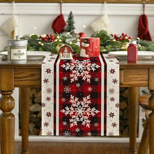Niviy Snowflakes Christmas Table Runner with Buffalo Plaid, Winter Xmas Holiday Kitchen Dining Table Decoration for Indoor Outdoor Home Party Decor 13 x 120