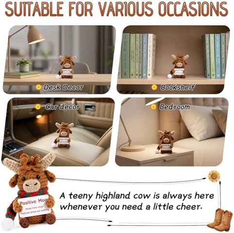 Positive Crochet Highland Cow Gifts with Positive Messages& Box, Emotional Support Crochet Animals of Desk Decor for Dad Father Day Men Women Coworker Friends, Crochet Cow Gifts for Birthday