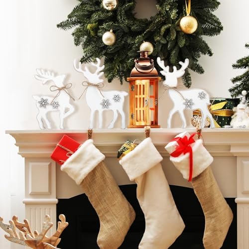 3Pcs Cute Christmas Tiered Tray Decor Indoor, Wooden Farmhouse Reindeer Christmas Tabletop Decorations Xmas Centerpiece, Rustic Reindeer Sign Standing Elk Decor for Home Shelf (White)