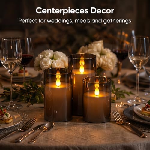 Homemory Gray Flameless Candles, Battery Operated Acrylic LED Pillar Candles with Remote Timer, Realistic Flickering Fake Candles for Home Decor, Wedding, Party, Halloween Decorations, Set of 3