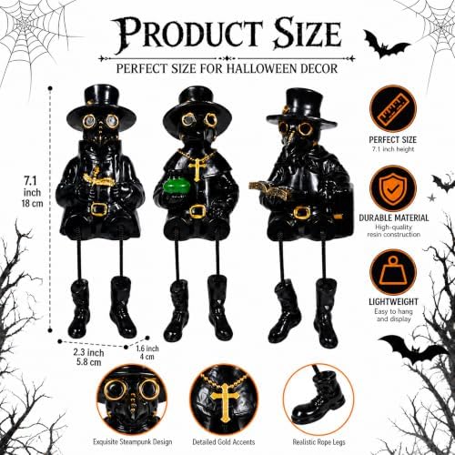 Exasinine 3 Pcs Halloween Plague Doctor Figurines with Dangling Legs Resin Gothic Crow Shelf Sitting Statues for Halloween Table Fireplace Indoor Gothic Home Decor Ornaments