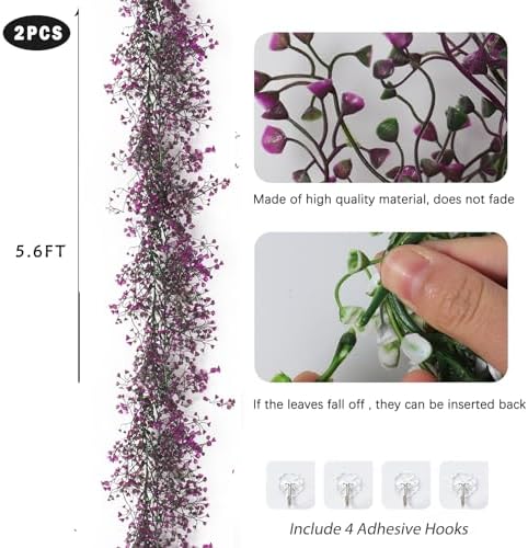 RECUTMS 2Pcs Artificial Wisteria Garlands 5.6Ft Fuchsia Autumn Vine Plastic