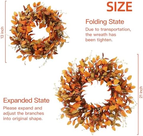 Sggvecsy Artificial Fall Wreath 21’’ Autumn Front Door Wreath with Fall Leaves Small Pumpkins Cluster of Berries for Outside Indoor Wall Window Festival Thanksgiving Fall Harvest Autumn Decor