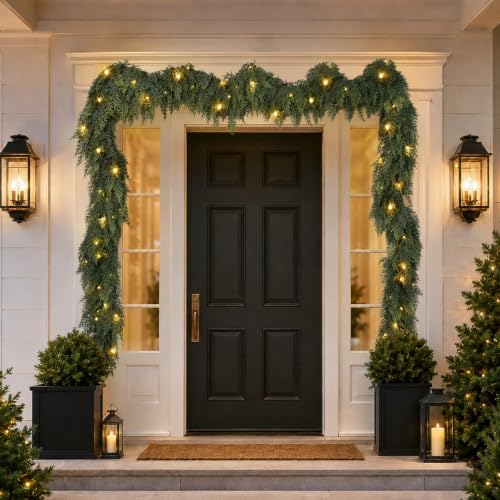 9FT Cedar Christmas Garland with Lights Realistic Prelit Pine Garland Decor