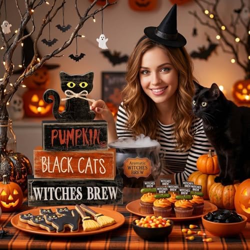 Lineshading 4 Pcs Halloween Table Decor for Home, Wooden Black Cat Sign Set