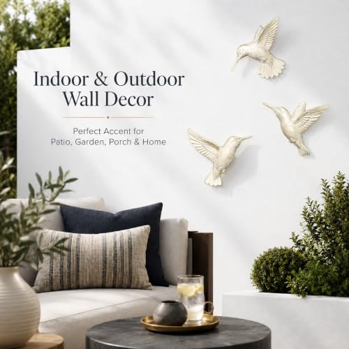 GUSFREUD 3D Hummingbird Wall Decor Set - Gold Resin Bird Wall Decor for Living Room, Bedroom and Gallery Walls - Ivory