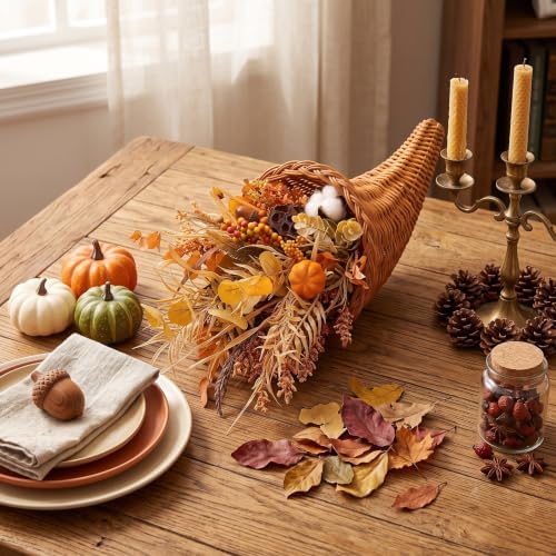 Funnymoom Fall Cornucopia Centerpiece Set with Leaves Pumpkin, Rustic