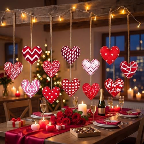 Breling 12 Pcs Valentines Felt Heart Ornaments, 3.15 in Red Hanging Decor