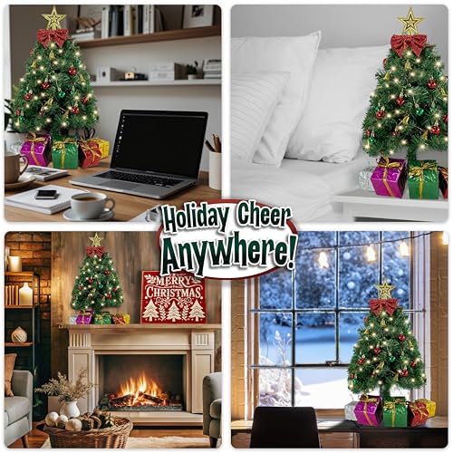 Small Christmas Tree with Lights - 23 Inch Mini Tabletop Christmas Tree with Warm-White LED Lights, Hanging Ornaments, Decorative Bow and Gift Boxes - Prelit Table Tree for DIY Christmas Decoration