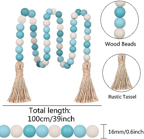 Meplait Wood Bead Garland, 39in Decorative Tassels Garland, Blue&Natural