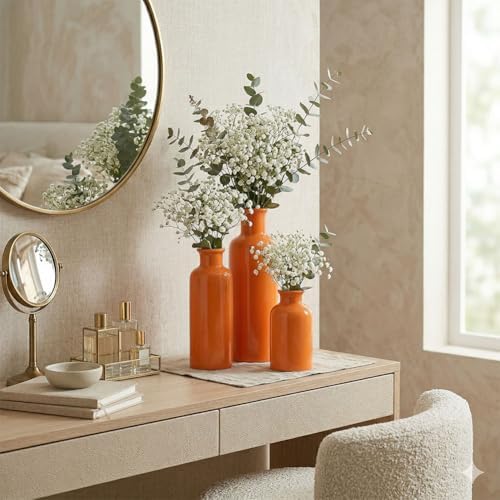 Ceramic Vase Set - 3 Orange Small Vases, Farmhouse Country Flower Vase Home Decor, Living Room Decoration, Table