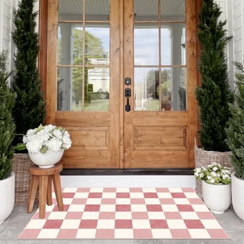 Pink White Checkered Rug, 28"x43" Doormat Indoor Outdoor Entrance