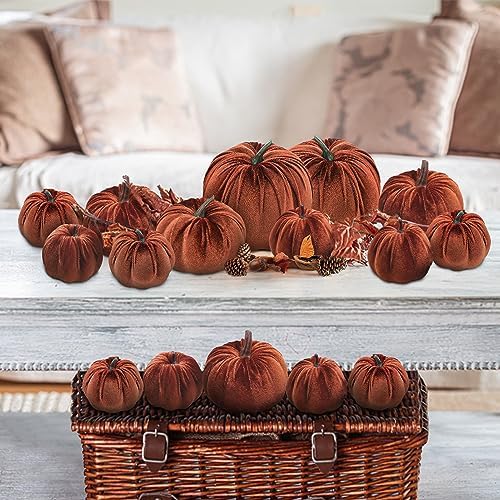 Woration 16pcs Thanksgiving Halloween Artificial Brown Velvet Pumpkins