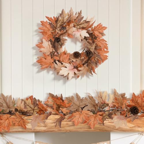2 Pack 9 Ft Fall Garland with Lights & Timer, Thanksgiving Mantel Decor