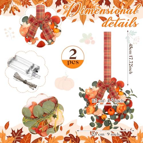 Thiccywoov 2 Pack 9'' Fall Small Wreath for Cabinet with LED String Light
