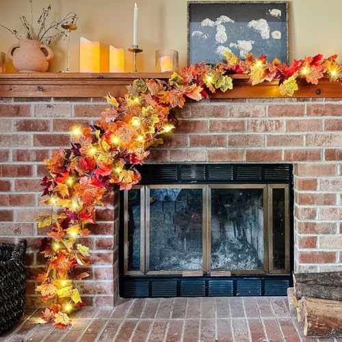 CQURE 12 Pack Fall Leaf Garland,Artificial Fall Vines Autumn Garland Fall Maple Leaves Thanksgiving Decor for Home Wedding Fireplace Christmas(Light..)