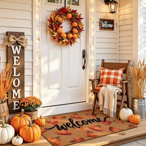 Kelarea Welcome Door Mat Fall Pumpkin, 17" x 29" Non-Slip for Holiday