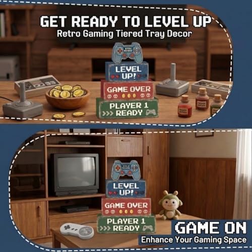 Britimes Tiered Tray Decor Set, 4 Pack, Wooden Table Sign, Video Game