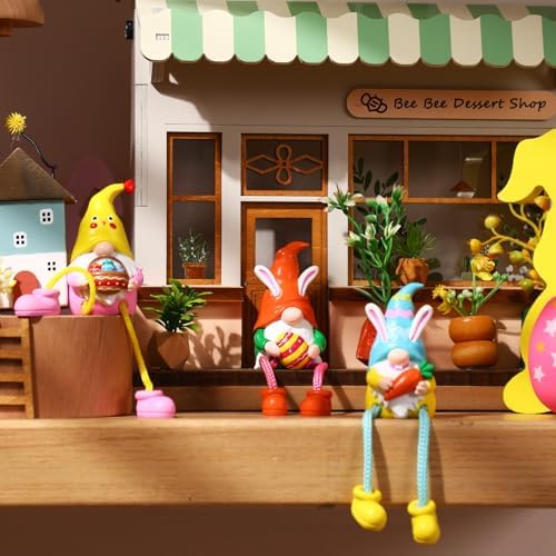 3 Pcs Easter Bunny Gnomes with Dangling Leg Figurines Decorations