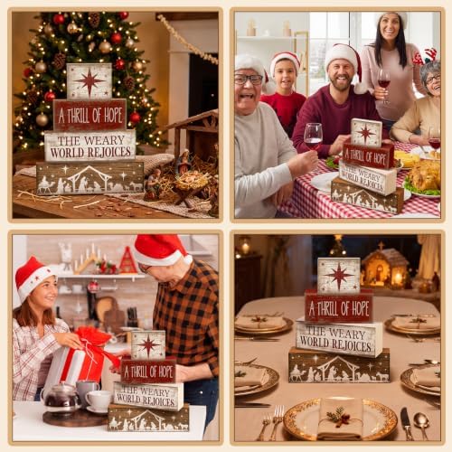 Lineshading 4 Pcs Christmas Table Decorations, Nativity Wooden Block Signs