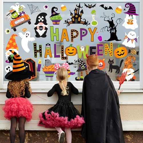 Whaline 9 Sheets Happy Halloween Window Cling Stickers Cartoon Pumpkin Ghost Gnome Window Decals Cute Reusable Decoration for Halloween Holiday Party Home Classroom