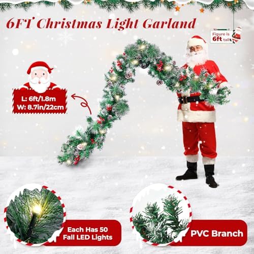BlessedSeason 6FT Christmas Garland with Lights, Artificial Lighted Garland Indoor for Stairs, Fireplace, 30 Lights Green Garland, Cones & Red Berries & Pine Needle
