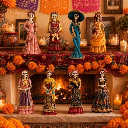 Simgoing 8 Pcs Day of The Dead Figurine Catrina Statue Altar Decoration