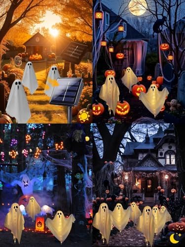 3-Pack & Solar Powered Ghost Halloween Decorations Outdoor, Auto On/Off