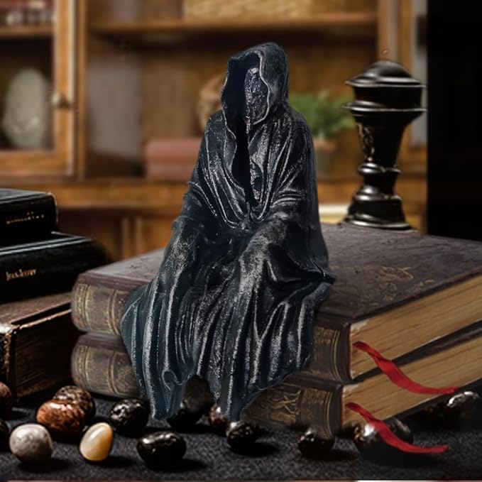 Grim Reaper Statue, Resin Gothic Throne Suriel Statue, Goth Acotar Bookshelf Decor Figurine Fantasy, Small Black Ghost Shelves Figure for Halloween Home Garden Sculpture (Death Sculpture 2PC)