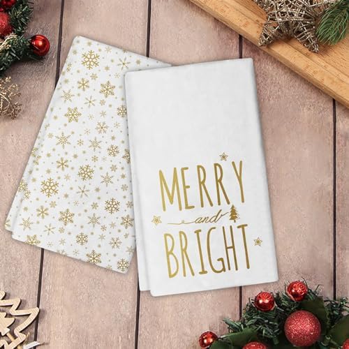JOOCAR Gold Christmas Kitchen Towels Merry and Bright Christmas Kitchen Decor Dish Towels Set of 2, 16x27 Inch Seasonal Drying Dishcloth, Gold Snowflake Decoration Hand Towels