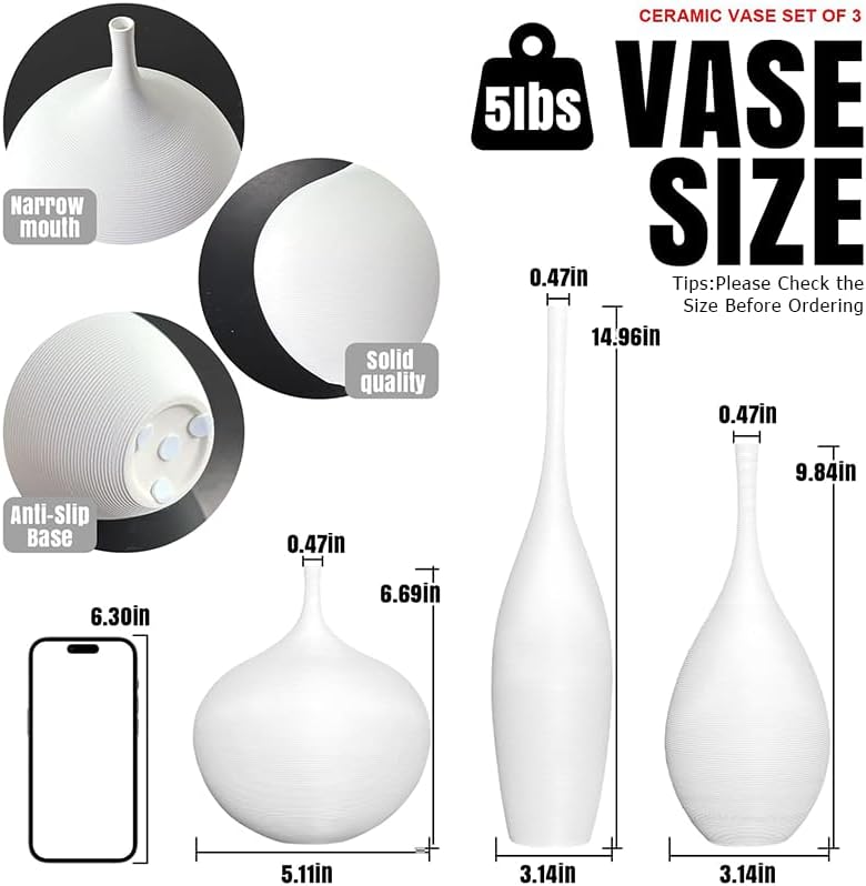 Ceramic Vase / Modern Boho Vases for Centerpiece Decor / White / Set of 3
