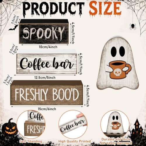 Lineshading 4 Pcs Halloween Coffee Bar Decor Wooden Ghost Block Signs